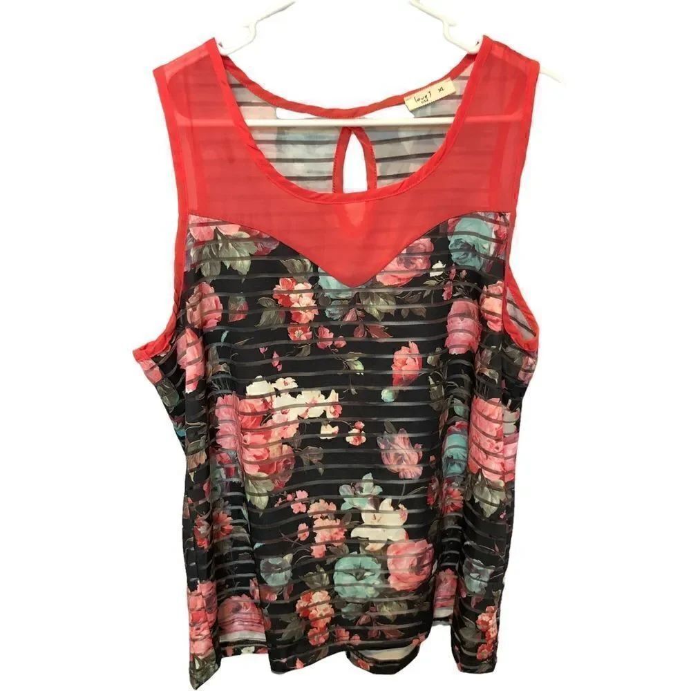 Love J Sheer tank blouse black and pink floral XL excellent condition